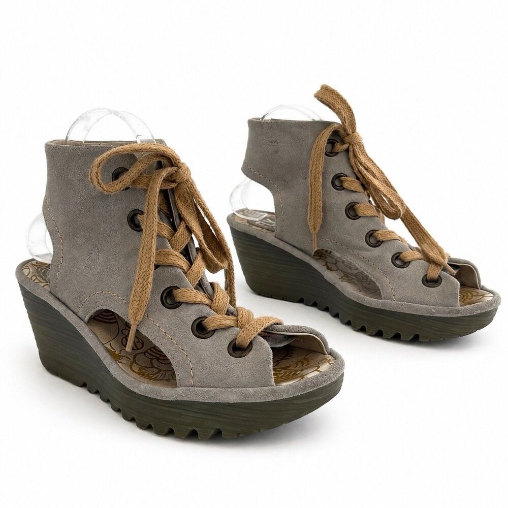 FLY London Womens Wedge Lace Up Sandals Gray Suede Open Toe Size 39 US 8.5